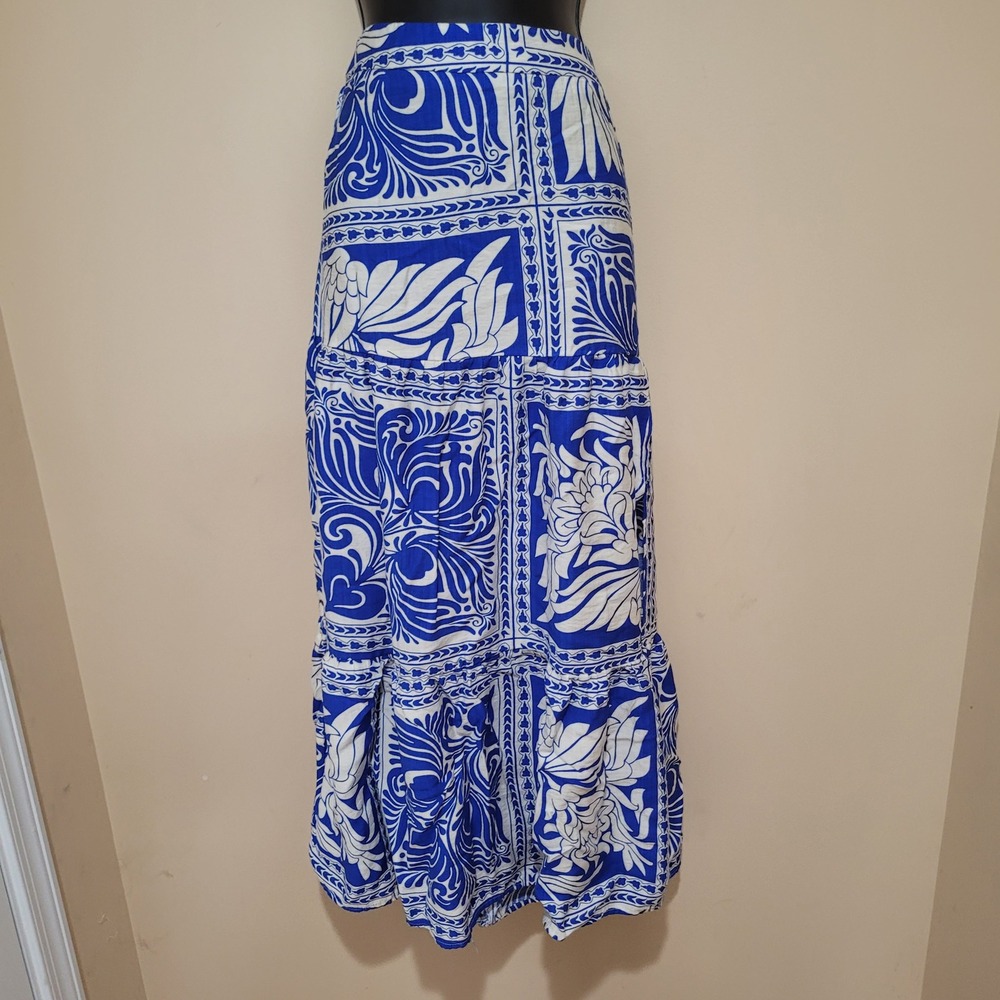 Peach Tiered Maxi Skirt Blue White Floral Print Elastic Waist Size L side slit